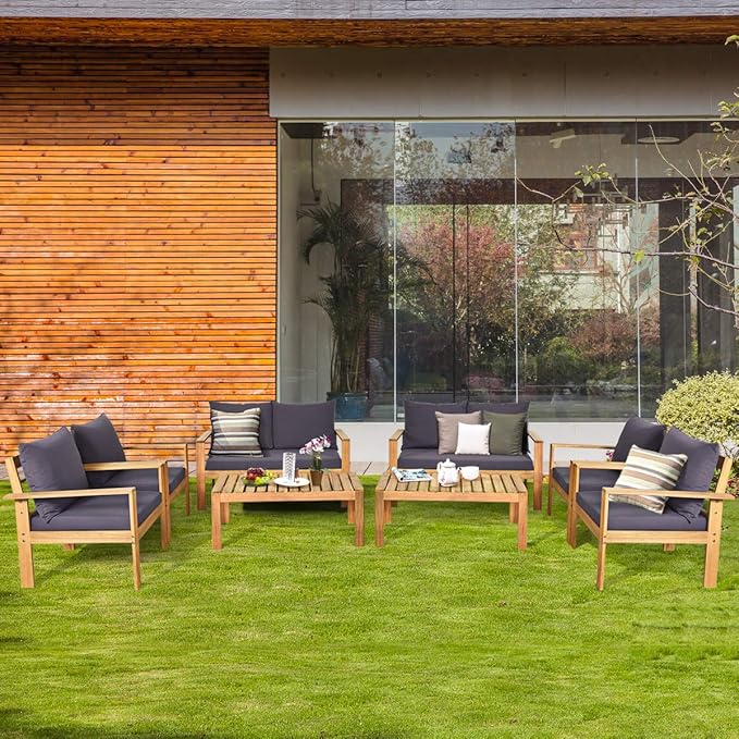 Tangkula Outdoor 8-Piece Acacia Wood Chat Set, 8 Seater Acacia Wood Conversation Sofa and Table Set, Teak Finished (2, Grey)