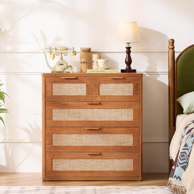 LEYAOYAO Rattan Dresser for Bedroom, 33.5" Tall Chest of Drawers, Modern 5 Drawers Boho Dressers with Storage, Vintage Brown Dresser Wooden Closet Organizer for Living Room, Hallway - Image 6