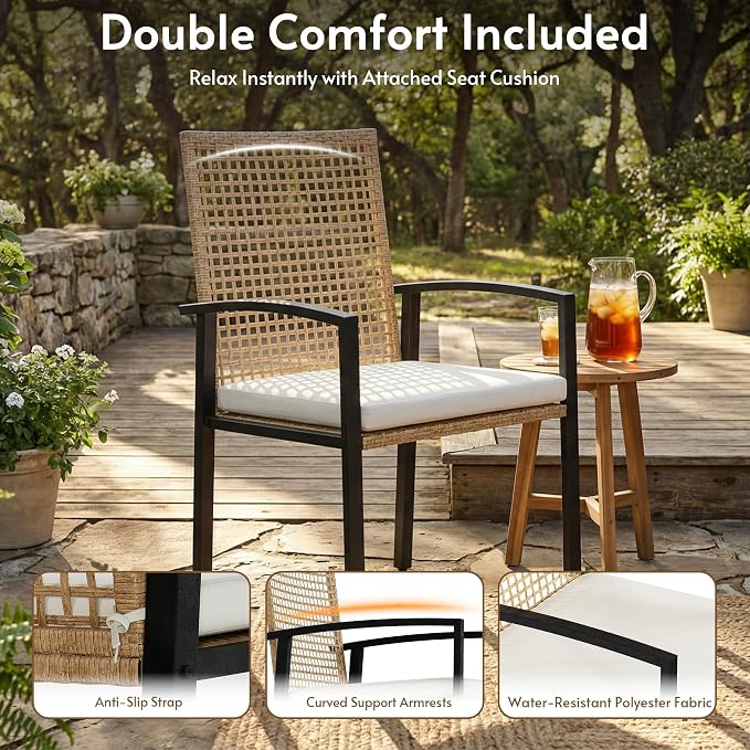 7-Piece Outdoor Dining Set for 6, Patio Dining Set with Hand-Woven Wicker Chairs & Cushions, 60" x 33" x 30" Wider Aluminum Woodgrain Table for Deck, Garden, Backyard - Image 5