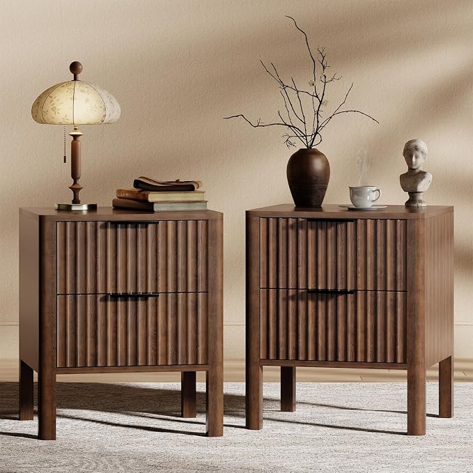 MODNEST 18" Fluted Nightstands Set of 2, Bed Side Tables with Drawers for Bedroom Mid Century Modern Night Stand Wood Nightstand Small End Table Bedroom Set, Walnut by MODNEST