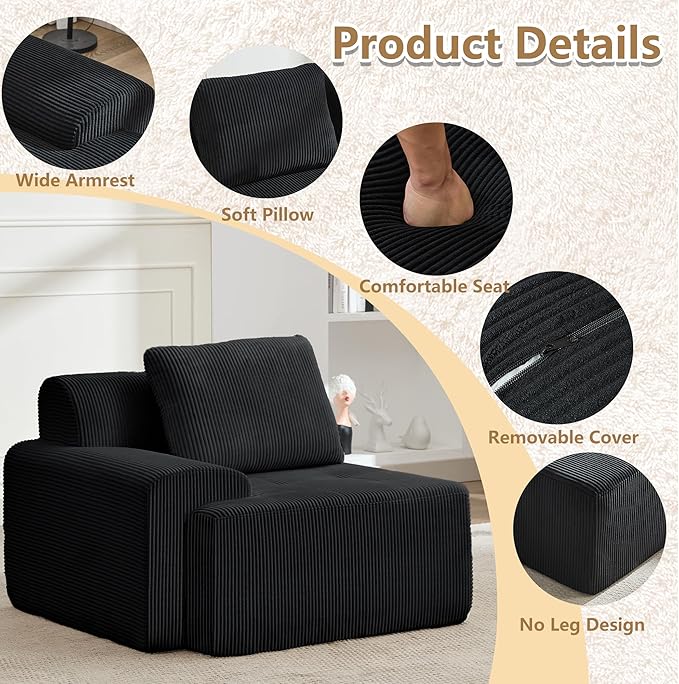 KIGOTY Modular Sectional Sofa, Comfy Cloud Sectional Couch with Left Armrest, Corner Couch, Modern Boneless Sofas for Living Room, No Assembly Required, Black