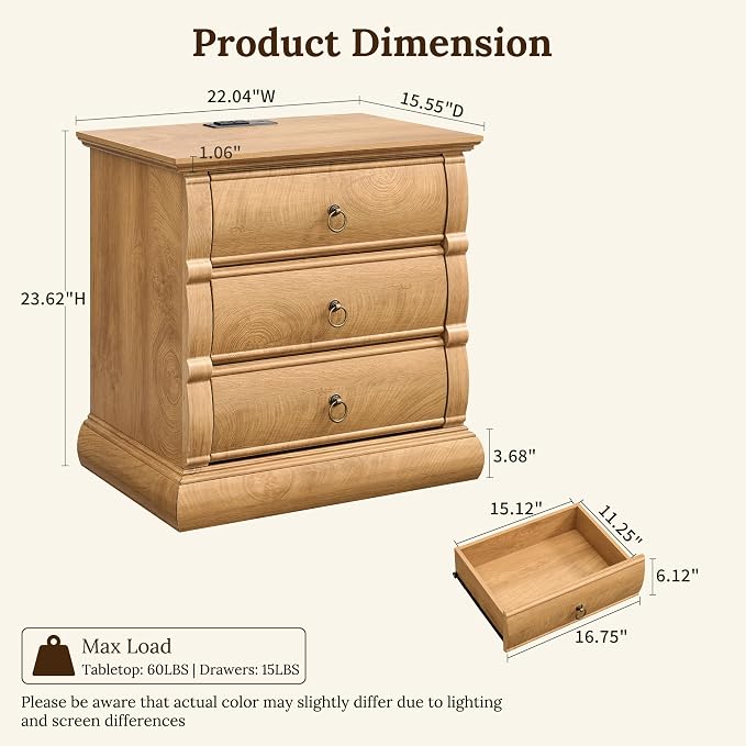 ACCOHOHO 22" Vintage Nightstand with 3 Curved Front Drawers & Retro Ring Pulls & Charging Station, Wood Bedside Table, End Table with Stable Base for Bedroom, Light Walnut Side Table - Image 2