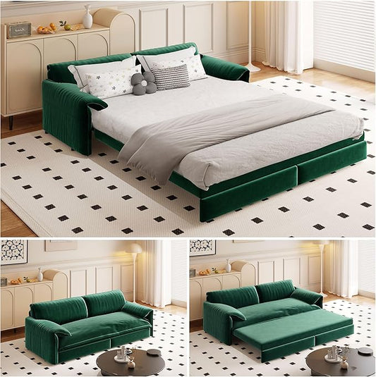 66" Queen Size Pull Out Sofa Bed, 3-in-1 Convertible Sleeper with Side Storage and Wheels, Velvet Loveseat for Living Room, Apartment, Bedroom, Green (Mattress & Bedding Not Included)