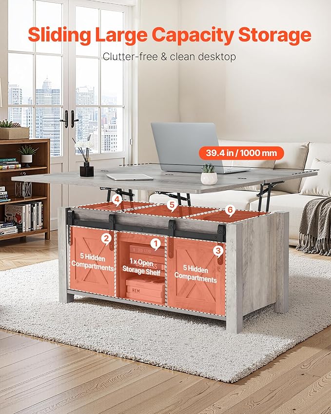 VEVOR 39.4 in Farmhouse Lift Top Coffee Table, Rustic Center Table with Barn Door and Hidden Storage Compartment, Modern Rectangle Lifting Tabletop for Living Room, Office, Home, Easy Assembly, Oak
