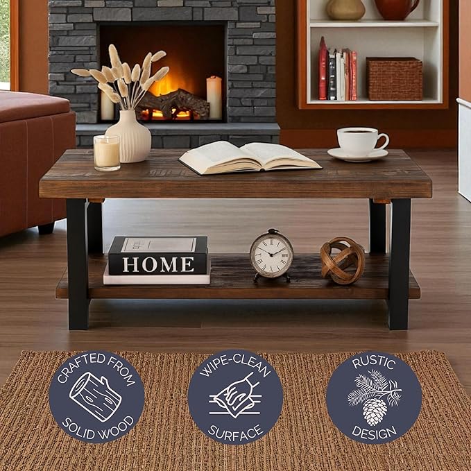 Alaterre Furniture Pomona Living Room Tables – 42 Inch Rectangular Solid Wood Coffee Table with Storage Shelf & Metal Legs – Rustic Industrial Farmhouse Living Room Table (Rustic Brown)