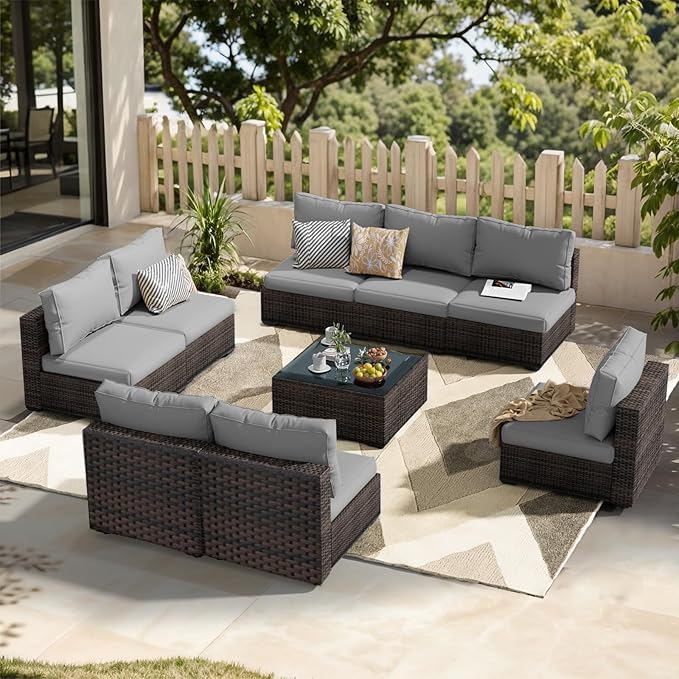 Patio Furniture Set 9 Piece All Weather PE Rattan Outdoor Sectional Sofa Couch with 8 x armless Sofa, No-Slip Cushions and Glass Top Table for Garden, Poolside, Backyard (Gray)