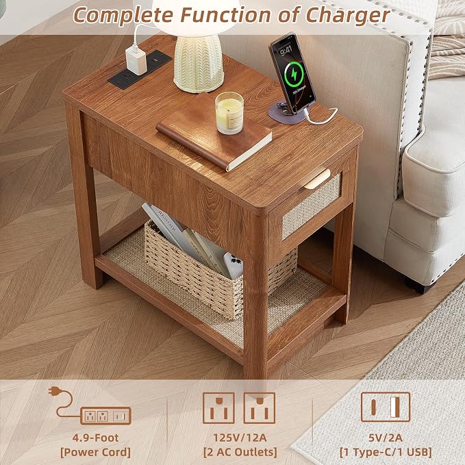 Lerliuo Narrow Night Stand with Charging Station, Boho Nightstand with Drawer, Bed Side End Table with Rattan Shelf for Small Spaces, Wood Nightstands Bedside Tables for Living Room Bedroom - Image 9