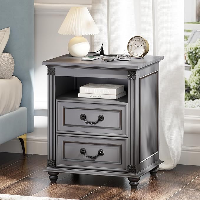 Night Stand with Charging Station, Nightstands with 3 Color LED Lights, Side Table with 2 Drawers Storage, Bedside End Table with Outlets and USB Ports for Bedroom, Grey - Image 6