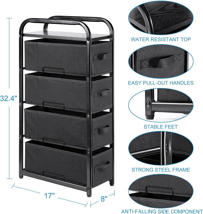 MAX Houser 4 Drawer Narrow Dresser Fabric Storage Tower Vertical Slim Storage Chest Organizer Nightstand Side/End Table Small Standing Organizer Removable Drawers Wood Top for Bedroom, Bathroom（Black) - Image 3