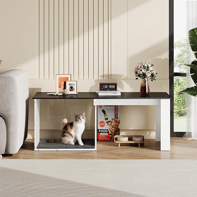 WLIVE Coffee Table, 2-in-1 Cat Wood Coffee Table with Lagre Storage Tabletop, Modern Center Table Cat House with Cat Scratching Pad, Cat Teaser for Living Room, Balcony, Black