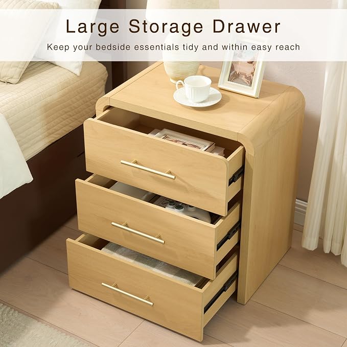 Fatmok Nightstand Set of 2, 23.6" Curved Modern Night Stand with 3-Drawer, Bedside Table, End Table for Bedroom, Large Dresser Storage Cabinet for Home Office Entryway, Natural - Image 4