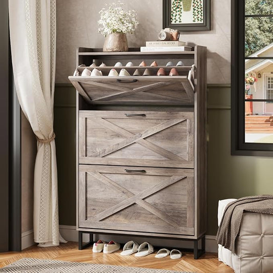 Maupvit Shoe Storage Cabinet with 3 Flip Drawers, Freestanding Organizer with Metal Legs for Entryway, Narrow Shoe Rack Cabinet, Washed Gray by MaupvitFurniture
