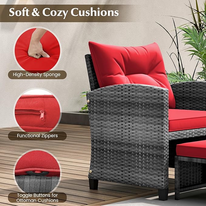 Tangkula 5 Pieces Patio Conversation Set, PE Wicker Rattan Outdoor Furniture Set with 2 Chairs, 2 Ottomans & Tempered Glass Coffee Table, Ideal for Poolside, Backyard, Lawn, Deck, Mix Grey & Red