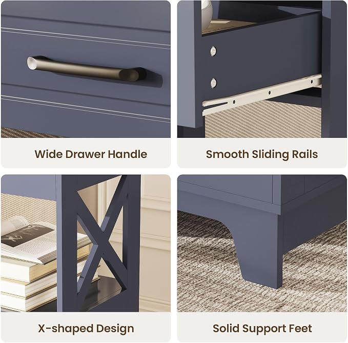 Tall Nightstand Set of 2 Side Table with 2 Drawers Modern Night Stand Wooden Rustic End Table Bedside Table with Upper Open Shelf Solid Feet for Bedroom Navy Blue+Walnut - Image 7
