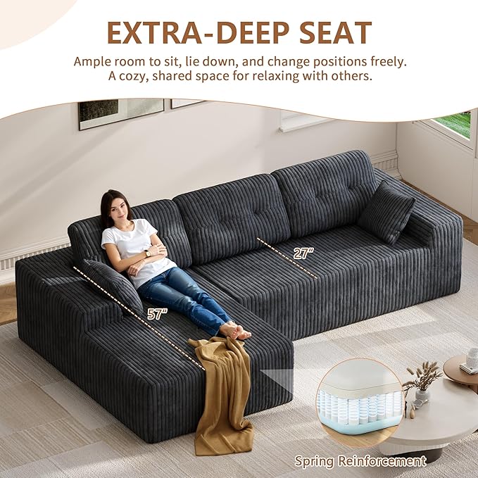 Ball & Cast 106" Cloud Modular Sectional Sofa, Boneless Corduroy Couch with Deep Seat, Comfy L-Shaped Sectional, Modern Upholstered Sofa for Living Room, No Assembly (Gray, Left Facing Chaise)