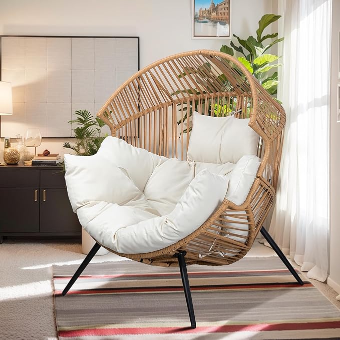 Vongrasig Outdoor Wicker Egg Chair PE Rattan Chair with Cushion, Oversized Patio Lounge Chair for Outdoor, Indoor, Balcony, Backyard, Garden, Beige by Vongrasig