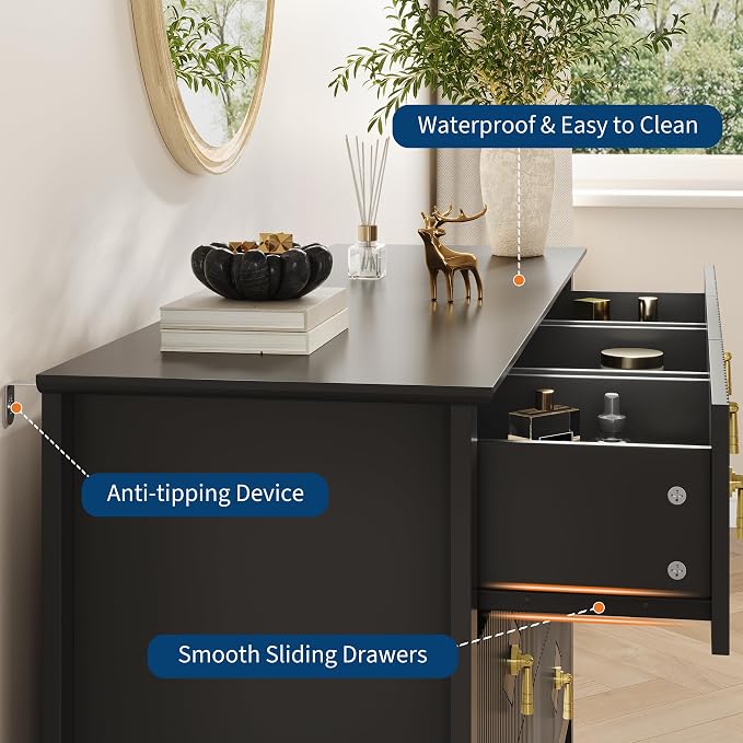 GarveeHome Fluted Dresser for Bedroom, 54 Inch Wide 7-Drawer Wood Dresser, Modern Chest of Drawers, Storage Organizer Cabinet for Living Room, Hallway, Entryway, Black - Image 4