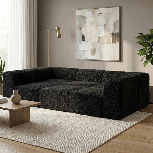 Furniture of America Havyn Modern Faux Fur 6-Seater Modular Foam Sofa Bed with Ottoman, Compressed Couch in a Box, No Assembly Required, for Living Room and Office, Black