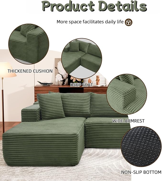 Cloud Sectional Couch, 105” Fluffy Modular L-Shape Sofa with Right Chaise Lounge, Modular Sectional Sofa in a Box, Boneless Couch for Living Room, No Assembly Required, Flannel Green