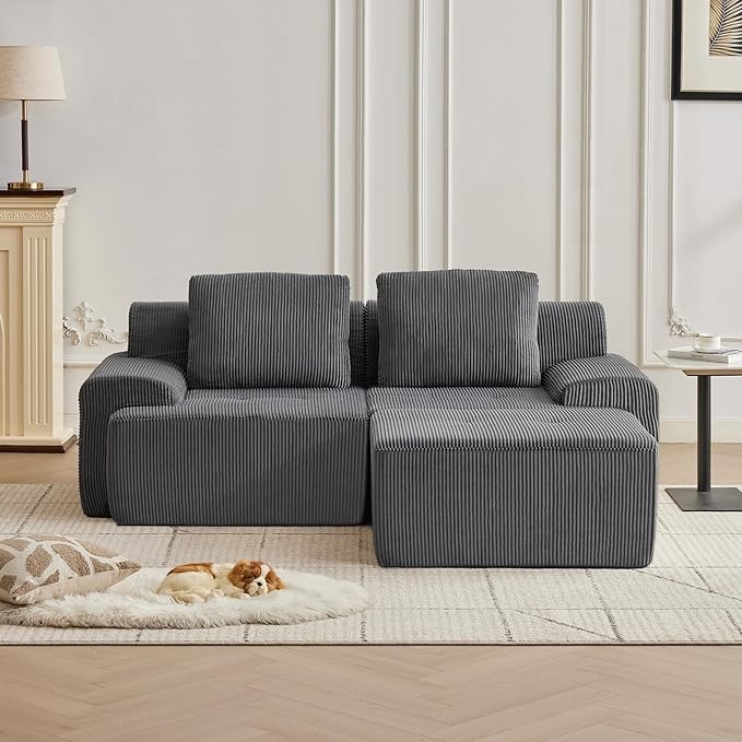Modular Sectional Sofa with Movable Ottoman, 2 Seat Deep Seat Couch with 2 Pillow, Comfy Cloud Sectional Sofa for Living Room, Bedroom and Apartment (Grey, 1 Left+1 Right+1 Ottoman)