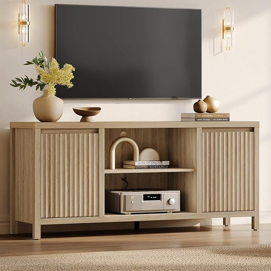 SICOTAS Fluted TV Stand for 55 65 inch TV - Large TV Consoles for Living Room Bedroom, Mid Century Modern Entertainment Center with Storage Cabinet, Wooden Television Stands Media Console, Light Oak by SICOTAS