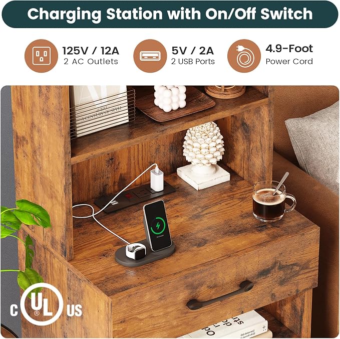 AOGLLATI Tall Nightstand with Charging Station and LED Lights, Night Stand with 3 Drawers, Rustic Brown Bedside Table with Bookshelf, Modern End Side Table for Bedroom - Image 6