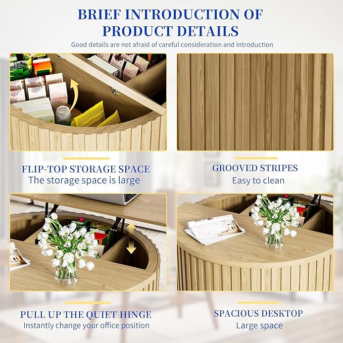 Fluted Lift Top Coffee Table with Storage, 31.5'' Farmhouse Round Coffee Tables for Living Room, Modern Wood Center Tables with Hidden Compartment for Home, Office (Wood Color)