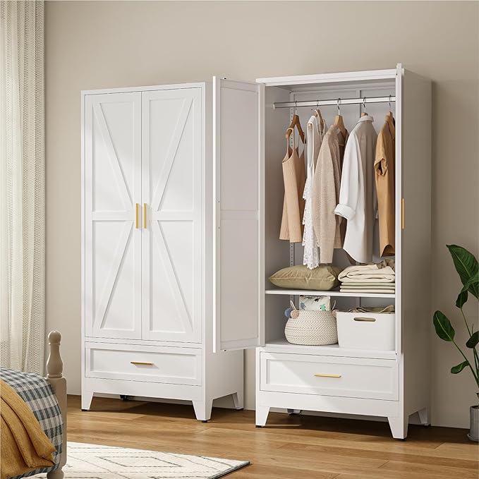 71" Tall Metal Armoire Wardrobe Closet,17.7" Deep By 31.5" Wide Portable Closet for Hanging Clothes,Wardrobe Cabinet with Drawer and Shelve for Bedroom Office Garage,White 1 Pack