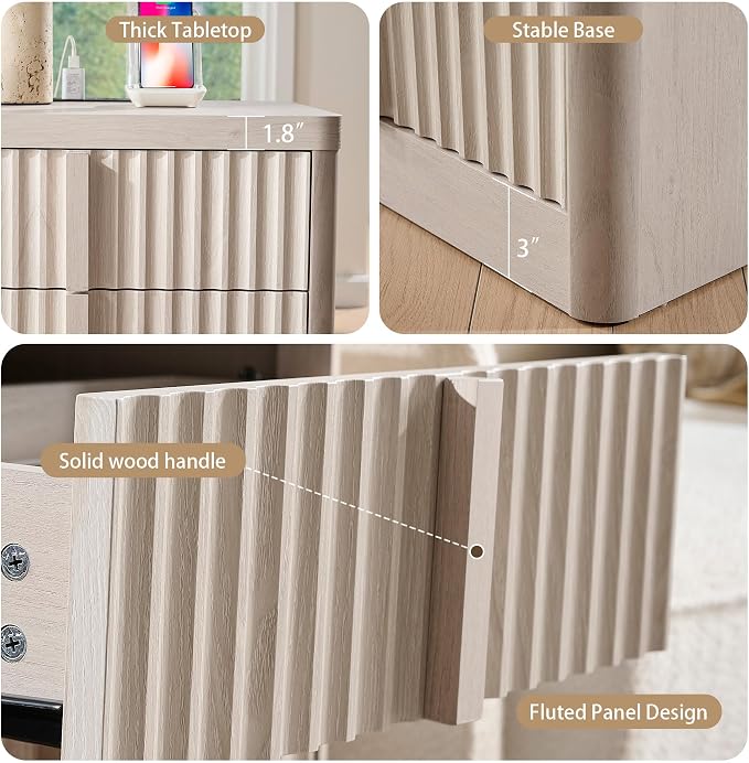 YANSNWO 23.6" Nightstand with Charging Station, Bedside Table with 3 Large Storage Drawers, Mid Century Modern Night Stand with Solid Wood Handle, End Table for Bedroom, Living Room, Closet - Image 5