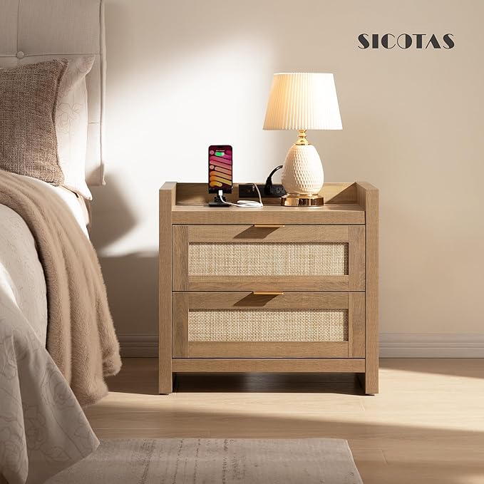 SICOTAS Night Stand Set of 2 - Rattan Nightstands with Type-C Charging Station, 2 Rattan Drawers - Boho Bed Side Tables End Table for Small Space - Natural Oak - Image 6