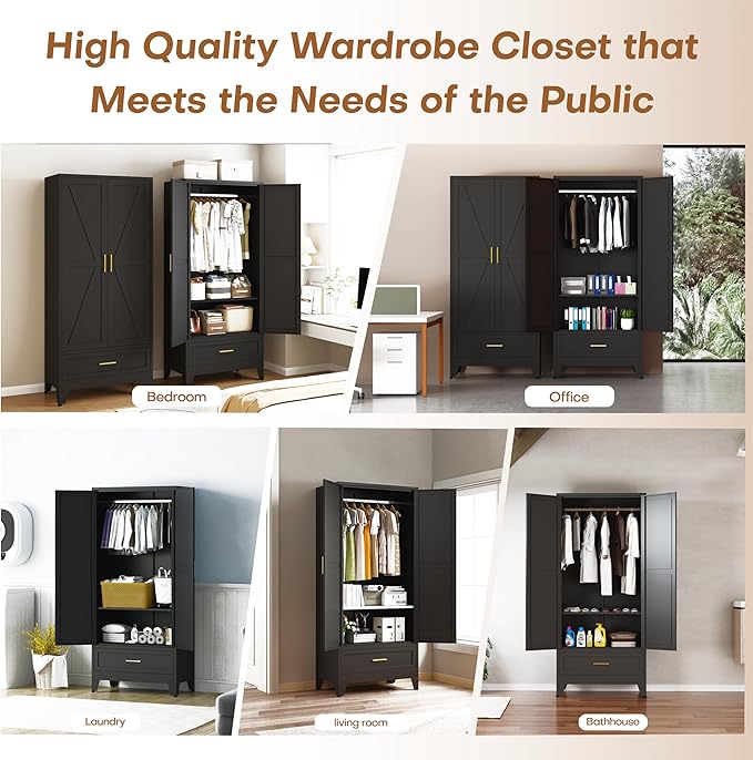 Metal Armoire Wardrobe Closet with 1 Drawer, 71" Wardrobe Cabinet with 1 Adjustable Shelf & 1 Hanging Rod for Bedroom, Black Metal Closet Storage Cabinet with 2 Doors & Drawers