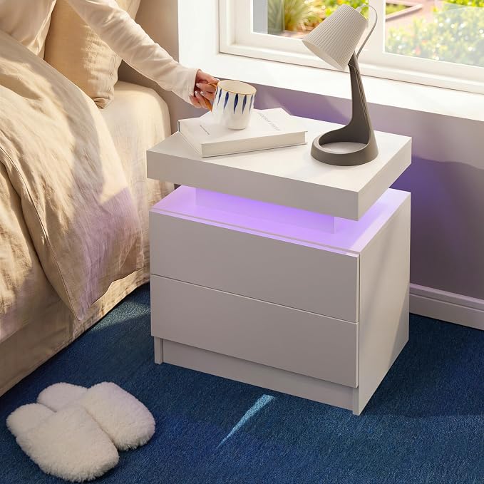 i-aplus LED Night Stand White Nightstand with 2 Drawers Modern Beside Table for Bedroom Side Bed Table with LED Lights - Image 5