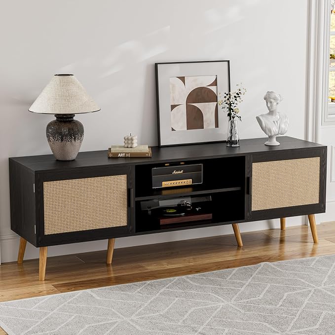 ZttRiee TV Stand for TVs up to 65'', Entertainment Center with Rattan Door, Shelves & 2 Cabinets, Boho Media TV Console for Living Room, Bedroom, Black by ZttRiee