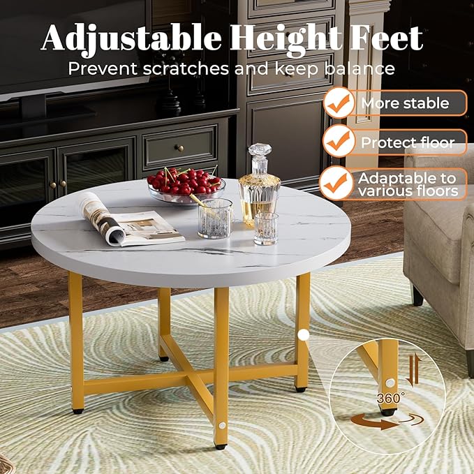Round Coffee Table, Small Coffee Tables for Living Room, Wood Coffee Table with Metal Frame, Floor Table Desk for Sitting on The Floor, Home, Office, Farmhouse, White & Gold (23.6"D x 17.7"H)