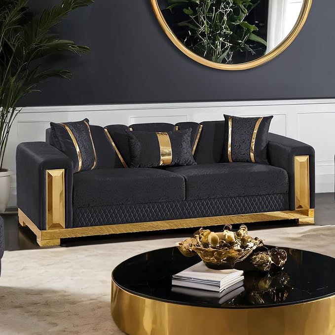 Furniture of America Samison II Glam Solid Wood Upholstered Couch with Accent Pillows, Damask Pattern and Gold Base, Comfortable Sofa for Living Room, Bedroom, Office, Black