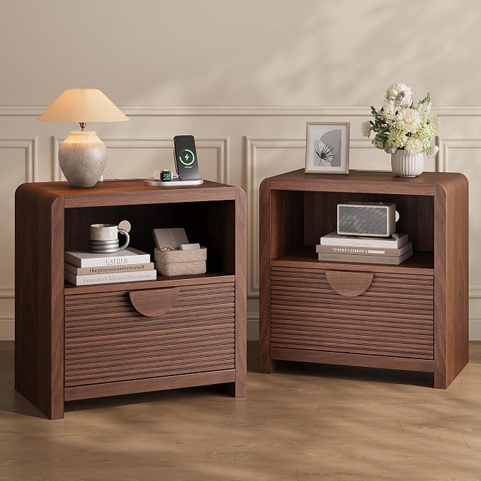23" Wide Fluted Nightstands Set of 2 with Charging Station, Wood Bedside Tables with Drawer and Open Compartment, Mid Century End Tables for Bedroom, Home Office, Walnut by Unknown
