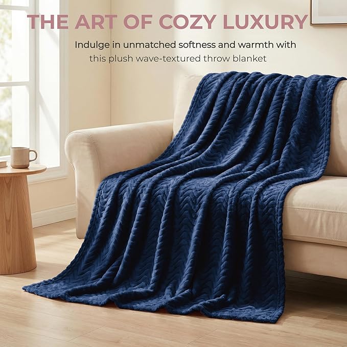Exclusivo Mezcla Fleece Throw Blanket for Couch, Cozy Lightweight Blankets for All Season, Decorative Giftable Fuzzy Plush Wave Textured Throws for Women, Men, Navy Blue, 50x70 Inches