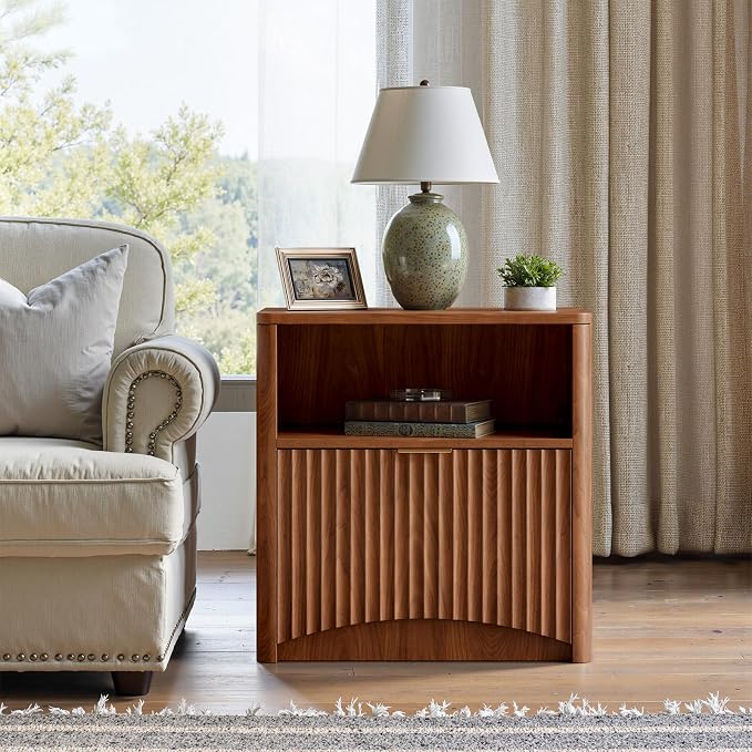 Evermagin Fluted Nightstand Set of 2, Walnut Bedside Table with Drawer and Storage, Wood End Table Mid Century Modern, Large Night Stand for Bedroom - Image 7