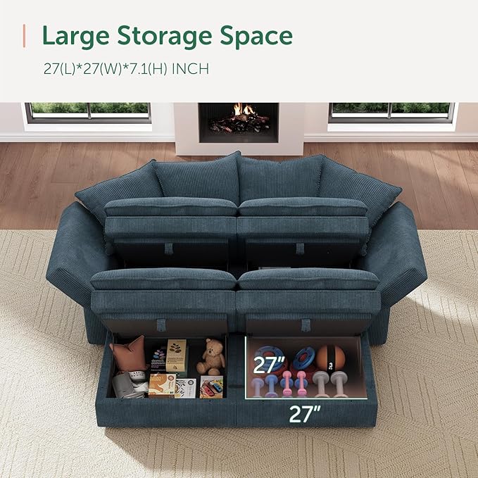 HONBAY Modular Sectional Sleeper Sofa, Corduroy 4 Seater Couch with Storage, Sectional Sleeper Couches for Living Room, Blue
