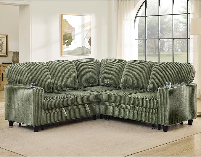 KEIKI 81" L-Shaped Oversized Corduroy Modular Sectional Sleeper Sofa with Pull-Out Bed, Storage Seat, 5-Seater Upholstered Couch Bed with Charging Station, Easy Assembly, for Living Room, Olive Green