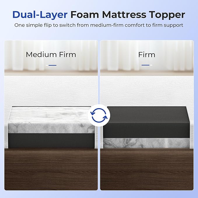 HOMRELEXA Cooling Mattress Topper King Size 3 Inch, Cooling Gel & Bamboo Charcoal Memory Foam Mattress Topper for Back Pain Relief, Firm Dual-Layer Foam Bed Pad with Removable Cover