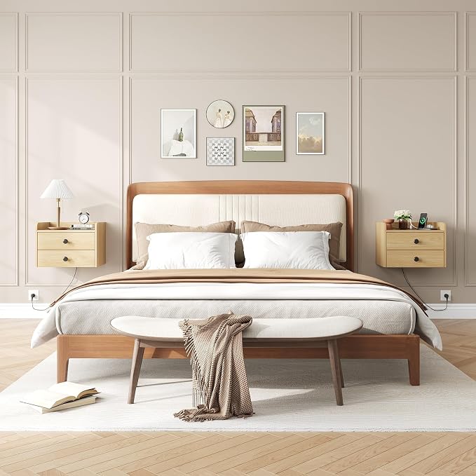 Floating Nightstand Set of 2 with 2 Storage Drawers and Charging Station Wood Wall Mounted Bedside End Table Modern Night Stands Set 2 for Bedroom,Small Space,Natural - Image 3