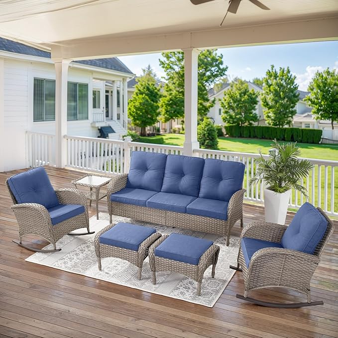 Belord 5 Piece Patio Rocking Chairs Furniture Set - Outdoor Wicker Furniture with Ottomans and Side Table, Rattan Conversation Bistro Set for Porch Deck Balcony