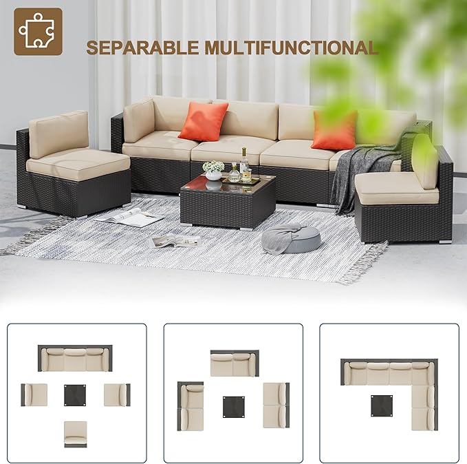 SUNCROWN 7-Piece Outdoor Patio Furniture Sofa Set All-Weather Black Wicker Sectional Conversation Set with Modern Glass Coffee Table and Cushions, Backyard, Garden, Poolside, Brown