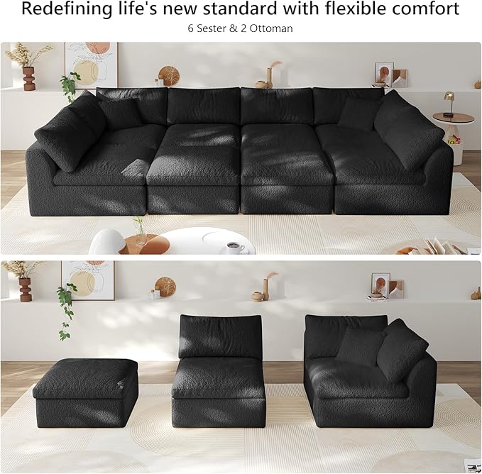 Modular Sectional Sofa Boneless Cloud Couch for Living Room, U Shape Deep Seat Recliner Sofa with Ottoman, Adjustable Backrest & 2 Throw Pillows - Covers Washable, (Black, 6 Seater+2 Ottoman)