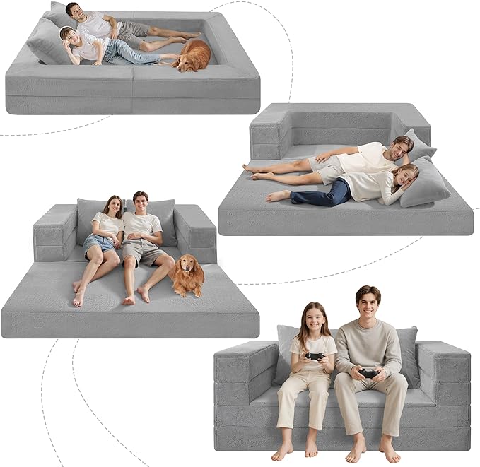Futon Sofa Bed with Pillow, 3-in-1 Sleeper Sofa Bed with Removable Cover, Convertible Floor Sofa Bed, No Assembly Boneless Couch for Living Room, Bedroom