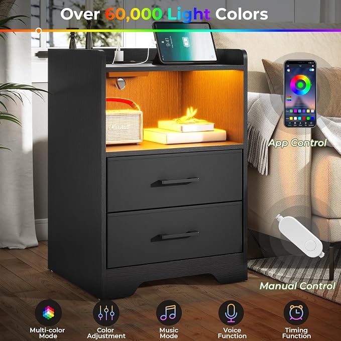 DICTAC Nightstands Set 2, LED Nightstand with Charging Station, End Side Table with USB Port, Bedside Table with 2 Fabric Drawers and Open Compartment for Bedroom, Black - Image 4