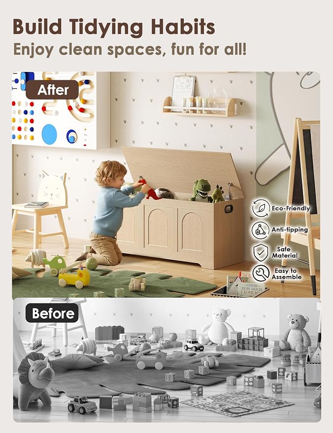 DINZI LVJ Storage Chest, 39.4”Wooden Storage Box with 2 Safety Hinges, Entryway Shoe Bench with Flip-Top, Trunk for Living Room, Bedroom, Easy Assembly, Natural - Image 9