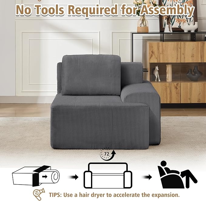 KIGOTY Modular Sectional Sofa, Comfy Cloud Sectional Couch with Right Armrest, Corner Couch, Modern Boneless Sofas for Living Room, No Assembly Required, Grey