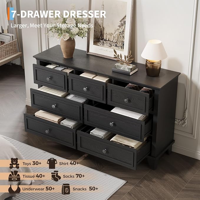GAOMON Black Dresser, 7 Drawer Dresser for Bedroom, 47" W Chest of Drawers with Deep Drawers, Closet Dressers with Metal Handle, Thickened Desktop, Wood Rustic Drawers for Hallway, Entryway, Closet - Image 5